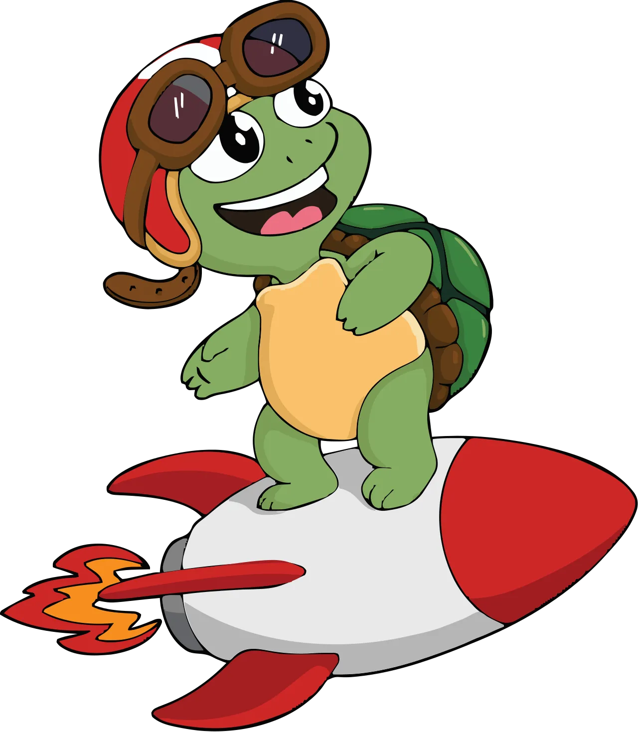 Node's mascot, a turtle with an aviator hat and goggles, riding a rocket like a skateboard